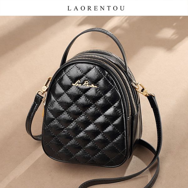 

laorentou split leather ladies round shoulder bags diamond lattice female casual crossbody bag mini totes women messenger bags
