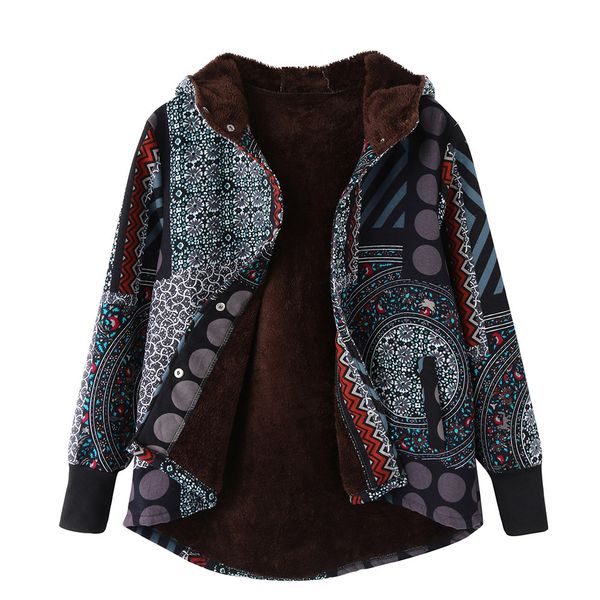 

female jacket winter warm outwear printed hooded pockets vintage oversize coats jacket women parka cotton-padded, Tan;black