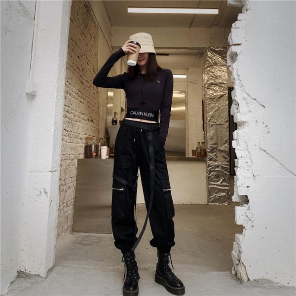 

women's pants & capris women high waist streetwear cargo with belt female fashion casual zipper pocket trousers loose jogging, Black;white