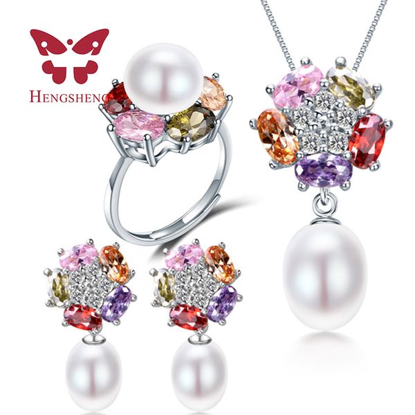 

hengsheng pearl bridal jewelry sets, flower white, pink, purple natural freshwater pearl jewelry sets for wife gift with box, Slivery;golden