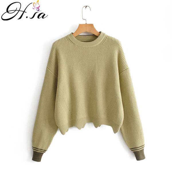 

h.sa women irregular crop sweater and pullovers wave hem long sleeve knit sweater jumper green beige 2019 korean casaco feminino, White;black