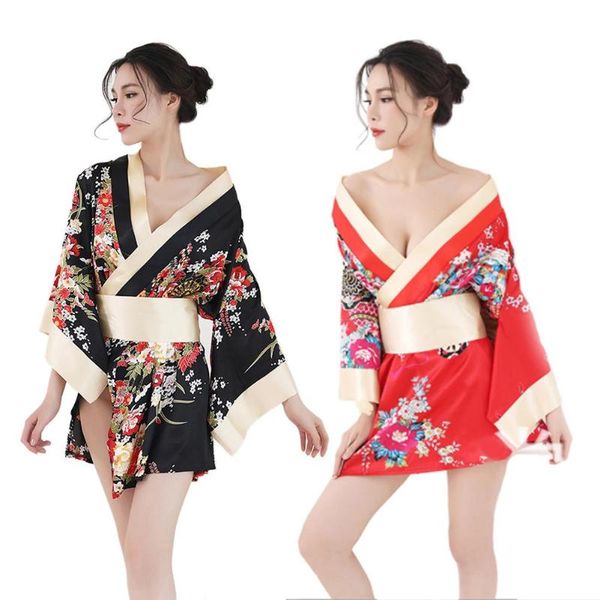 

deep v-neck kimono japanese traditional japon kimono women satin floral printed nightwear short dress cosplay costume, Red