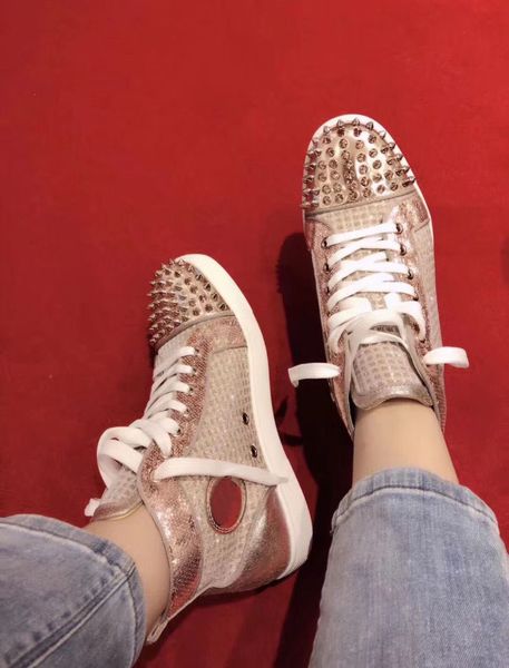 

designer sneakers red bottom classic high cut flats shoes for men women leather sneakers mesh leather casual walking shoes with dust bag, Black