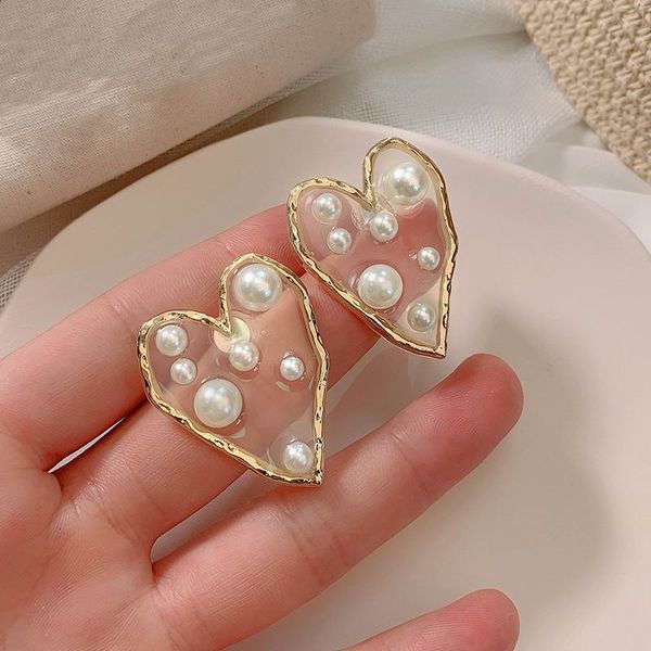 

transparent personality pearl paved heart big earrings for women 2019 new jewelry statement earrings street style, Golden;silver