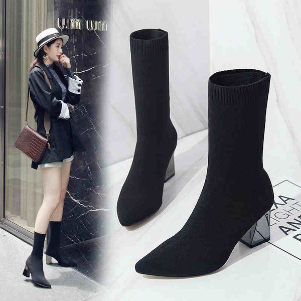 

women boots 2019 socks boots short poine toe hight thick heel boot celebrity women's female botas mujer, Black