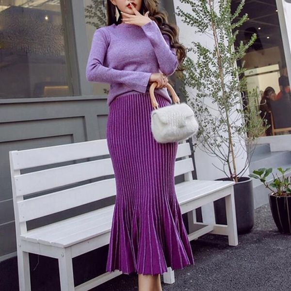 

women sweater pullover and pleated skirt suits knitted and mermaid skirt sets elegant shiny sweater 2 piece set, White