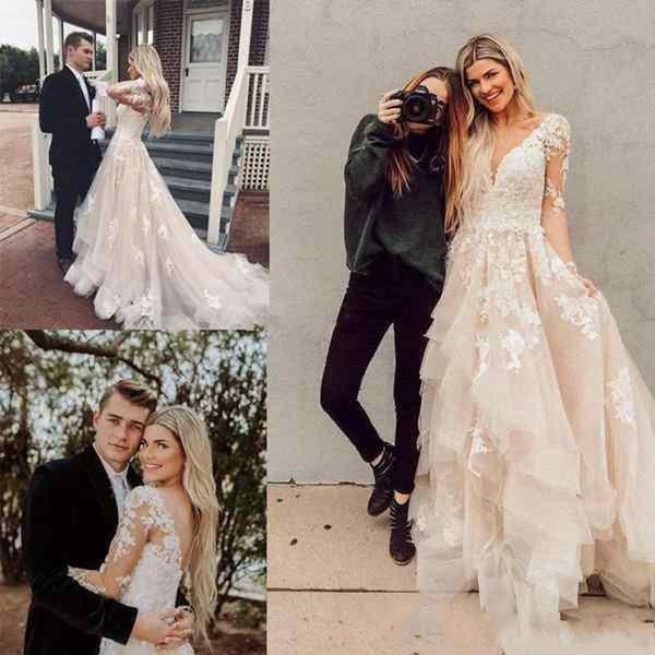 

2019 charming drapped a line wedding dresses v neck lace applique long sleeves backless beach country plus size bridal gown vestido de novia