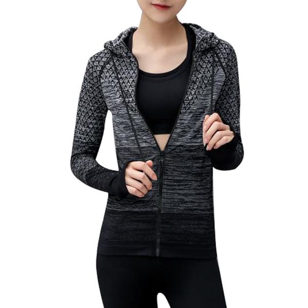 

gradient zipper long sleeve sweatshirt gym sport coat women running jacket hooded fitness workout jersey with thumb holes, Black;red