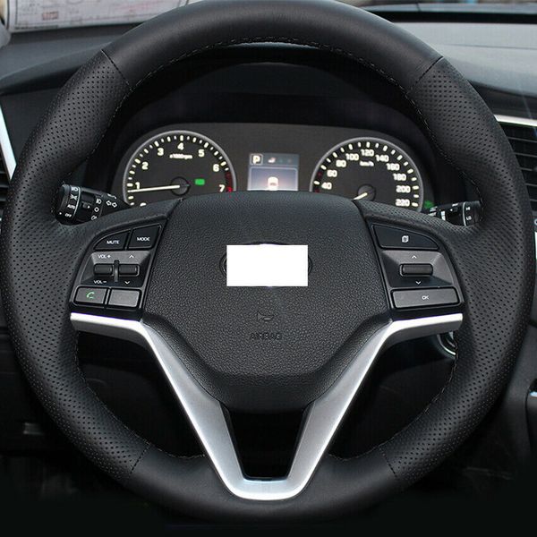 

diy black leather hand-stitched car steering wheel cover for hyundai tucson 15-16