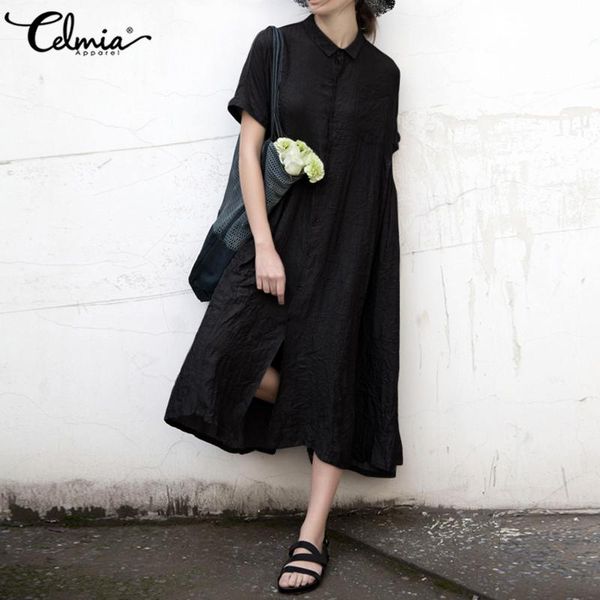 

casual dresses celmia summer shirt dress 2021 women vintage long sundress lapel short sleeve button loose split midi vestidos party robe, Black;gray