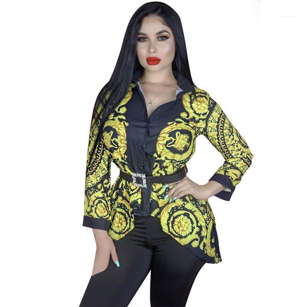 

female blouse fashion designer long sleeve shirts womens casual lapel neck female clothes digital printed spring, White