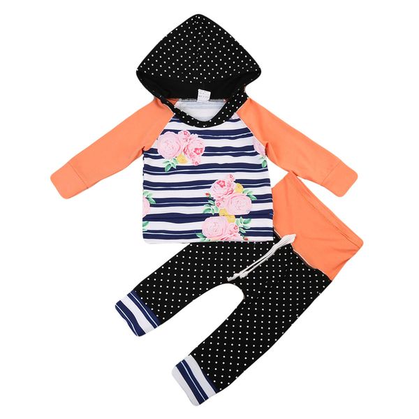 

floral newborn baby girls long sleeve hooded polka dot pants outfits flower clothes set lovely baby autumn set outfit, Pink;blue