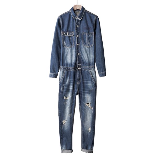 

2019 autumn trend denim jumpsuit male japanese retro motorcycle mechanic tooling pants slim denim jumpsuit male clothing, Blue