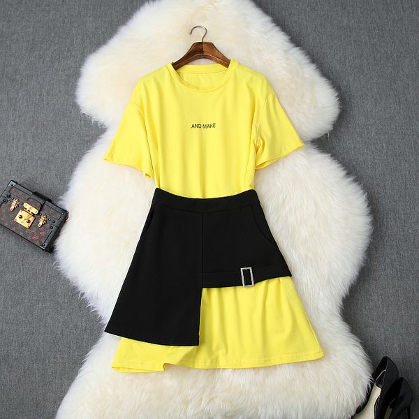 

europe and the united states women's clothing new for summer 2019 short sleeve t-shirt irregular skirt suit, White