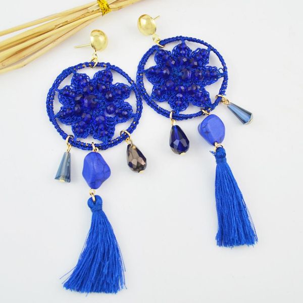 

bohemian dreamcatcher india tribe ethnic tassel crystal drop earring blue, Golden