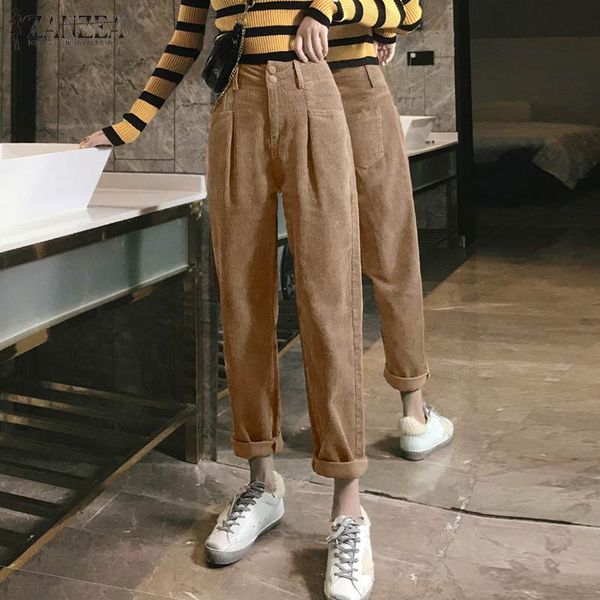 

elegant women's corduroy pants zanzea 2020 casual high waist long trousers female button zipper pantalon plus size solid turnip, Black;white