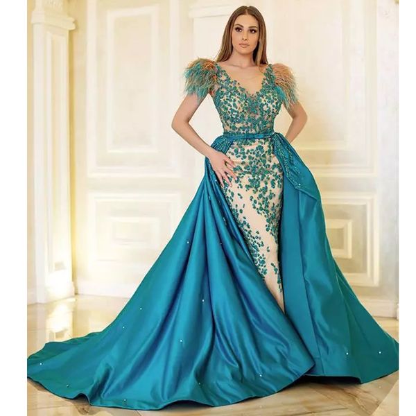 

mermaid feather evening dresses detachable train beading bow tie sash celebrity dress satin long train evening gowns, Black;red