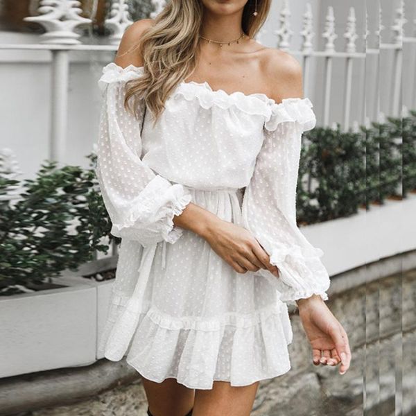 

women slash neck solid color off shoulder white long sleeves ruffles wave point mini dress vestidos ladies summer dress, Black;gray
