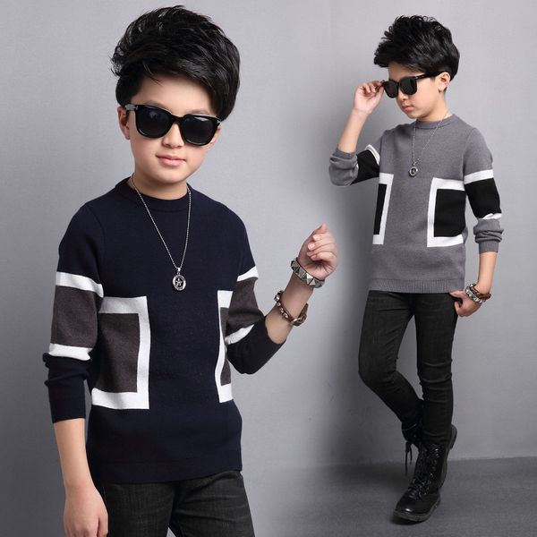 

boys square patterns o-neck pullover sweater spring autumn children knittwear kids wool outerwear child clothes baby age 3-13 t, Blue