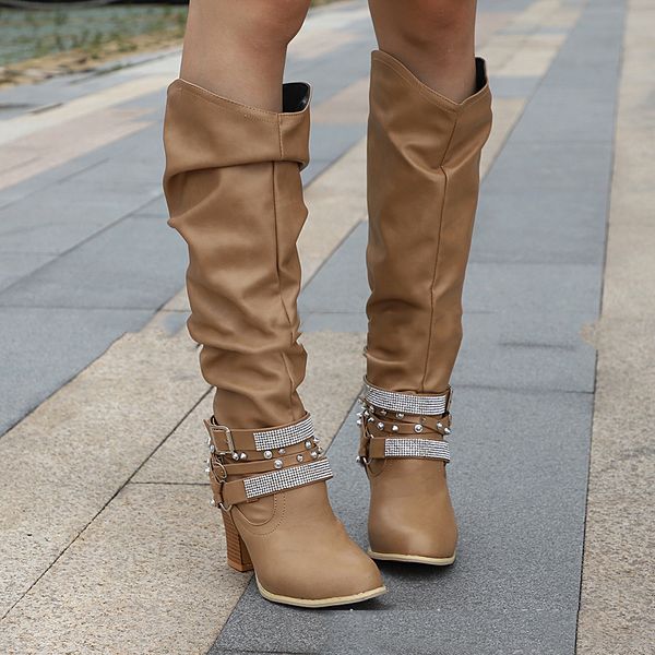 

2019 women western cowboy high heels knee high boots pu leather boots vintage rivets buckle thick heels shoes size 35-43, Black