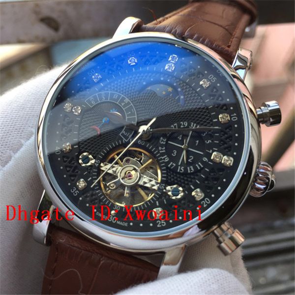 

new tourbillon watch men mechanical watches mens watches brand luxury date week moon phase watch men brown leather automatic watch clock, Slivery;brown