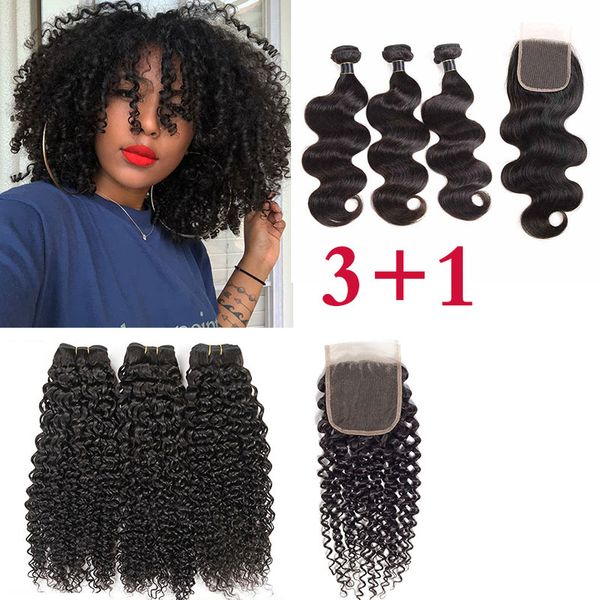 

lace closures with 3 bundles brazilian virgin hair weaves malaysian indian peruvian straight kinky curly remy human hair wefts with closure, Black;brown