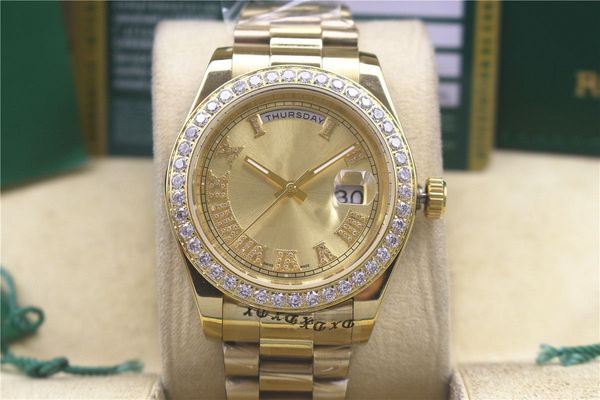 

luxury watch day-date red face diamond full stainless steel strap automatic 2813 automatic movement mens watches, Slivery;brown