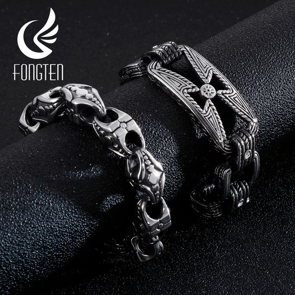 

fongten viking bracelet punk men cross bead vintage black stainless steel link charm male bracelets bangle fashion jewelry, Golden;silver