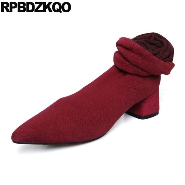 

shoes pointed toe sock chunky over the knee stretch big size fashion thigh high boots for plus women knit red 10 slim pointy mid, Black