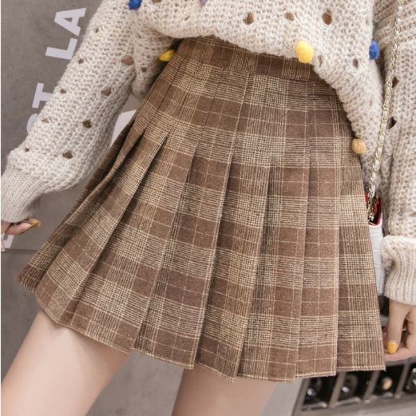 

imucci 2020 new spring summer popular woolen pleated skirt woman school wind short skirt plaid half-body loose tm1649, Black