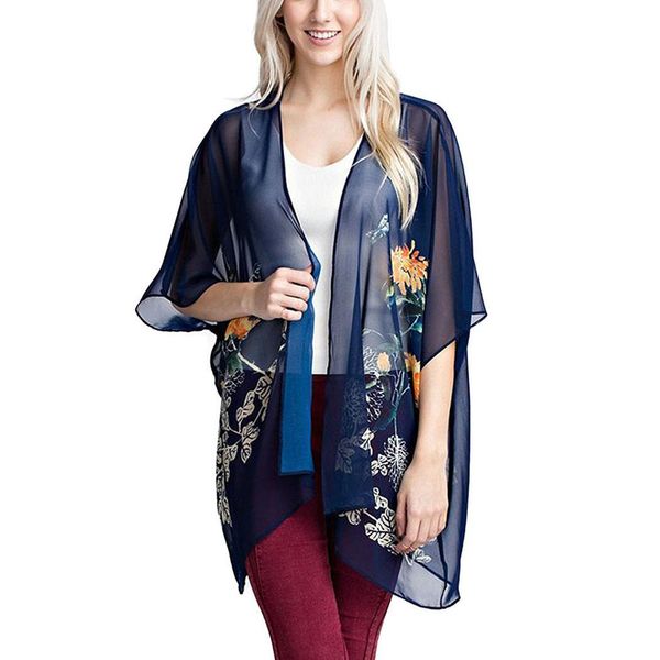 

women fashion bohemian style floral print oversized chiffon cardigan blue cover casual buckle regular up, Blue;gray
