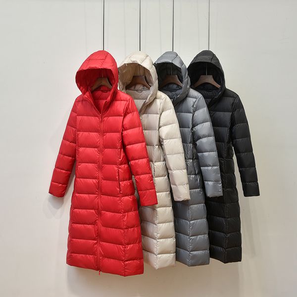 

winter women light down jacket hooded long loose warm coat parka female solid color thin section cotton jacket white duck down, Black