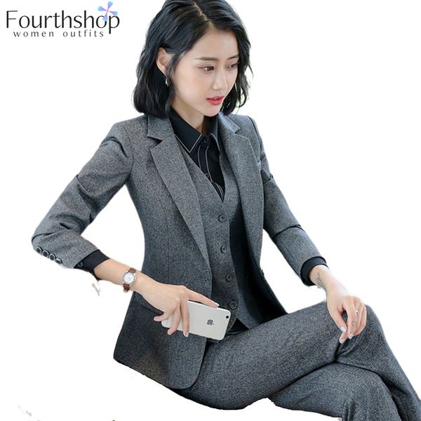 

elegant formal suits women office lady business work pants blazer set autumn winter 2 pieces jacket suit female 2019 plus size, White;black