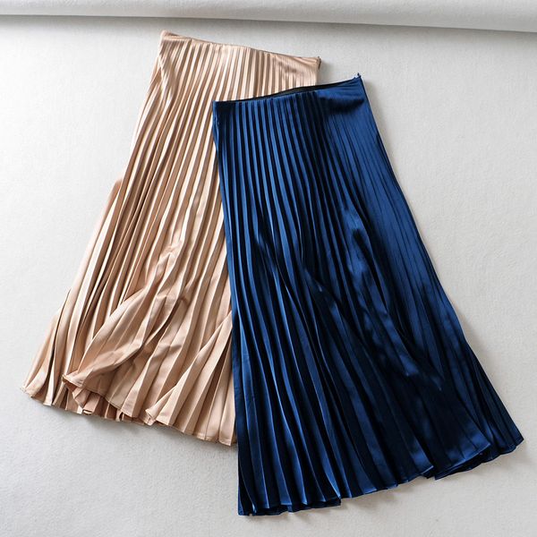

2020 women skirt spring and summer retro pleated skirt patchwork pattern side vintage female stylish mid calf skirts, Black