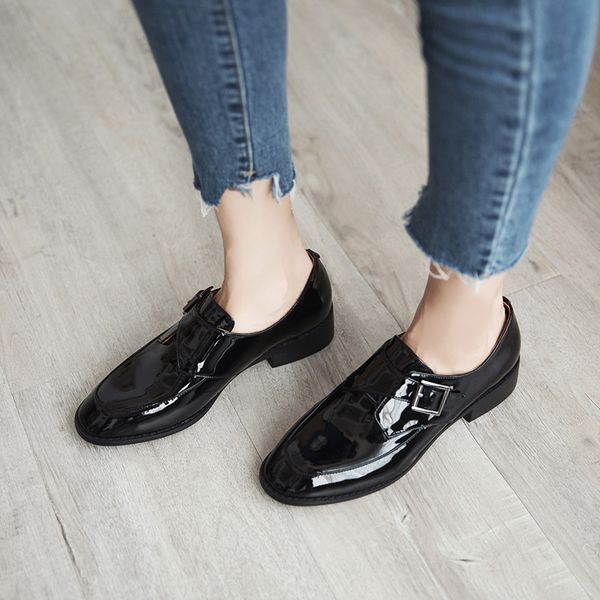 

japanese-style bright skin loafers 2020 new style round-toe casual small leather shoes women's low heel england shoes 334, Black