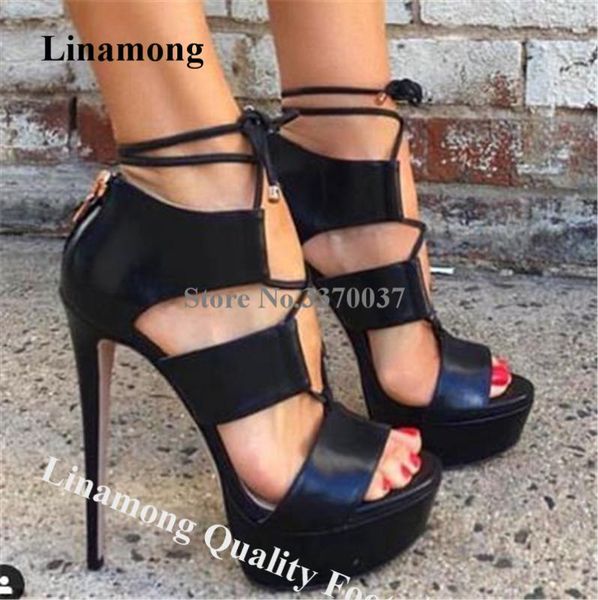 

linamong elegant fashion peep toe high platform stiletto heel gladiator sandals lace-up black leather cut-out high heel sandals