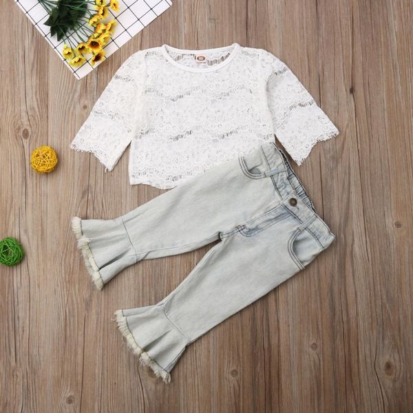 

pudcoco toddler baby girl clothes hollowing out lace denim flared pants leggings 2pcs outfits clothes 1-6y, White