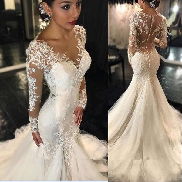 

mermaid wedding dresses jewel neck long sleeves lace applique beaded chapel train see through back plus size formal bridal dress, White