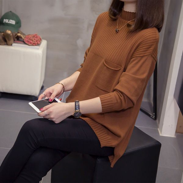 

women's sweaters donamol plus size -coming 2021 autumn winter turtleneck pullovers long sleeve with a pocket women loose knit top, White;black