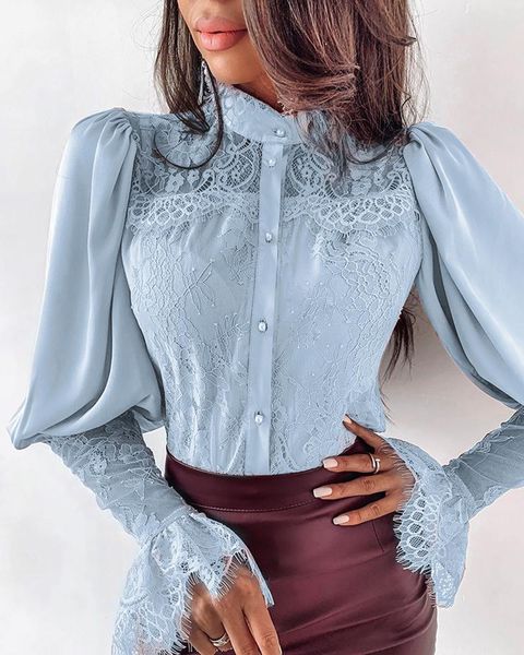 

women lace patchwork puff sleeve buttoned blouse, White