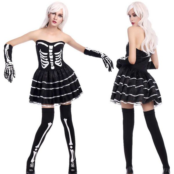 

new halloween large size skull play dress black lace short dress cosplay zombie game uniform masquerade woman horror cloth, Black;red