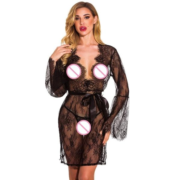 

2020 fashion women lace robe dress breathable lace g-string dress bathrobes sleepwear babydoll chemise nightwear, Black;red
