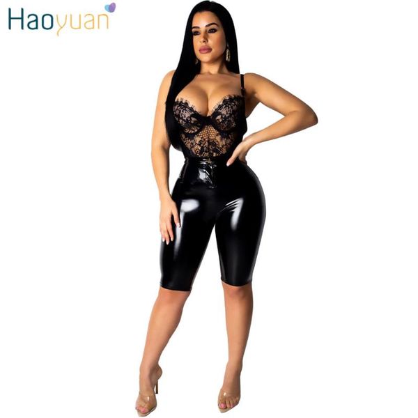 

haoyuan high stretch pu leather high waist shorts women black pink faux leather biker shorts push knee length short pants, White;black