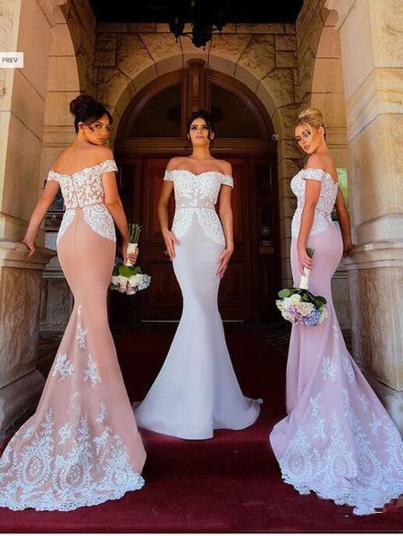 

2019 lace mermaid bridesmaid dresses off shoulder applique long floor length wedding guest gowns maid of honor dresses, White;pink