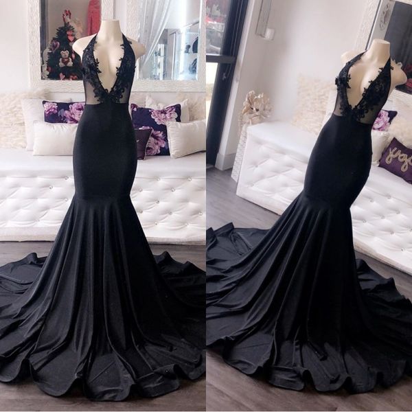 2022 Sexy Novo Africano Preto Sereia Prom Vestidos Deep V Neck Applique Lace Ocasião Especial Vestidos de Noite