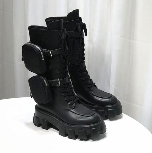 

motorcycle platform boots women leather bota feminina winter botas mujer lace up combat botines mujer monolith boots zapatos de mujer, Black