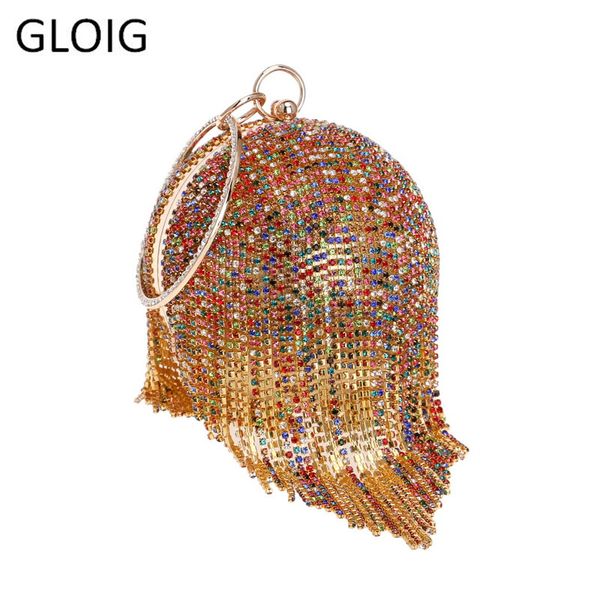 

gloig tassel fashion rhinestones women evening bags circular crystal diamonds chain shoulder handbags metal clutch party purse cj191213