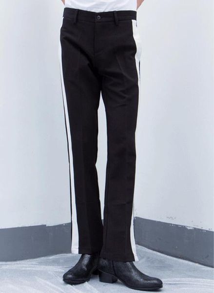 

27-46 2020 new men's clothing hair stylist slim cropped pants with split hem and striped flared pants plus size costumes, Black