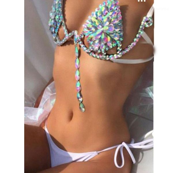 

2019 new style diamond women bodysuit set bandage swimwear solid color beachwear rhinestone crystal beachwear set, White