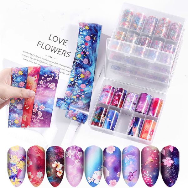 

10roll/box nail art flowers transfer paper rainbow sky japanese style nail foil sticker polish adhesive sticker, Black